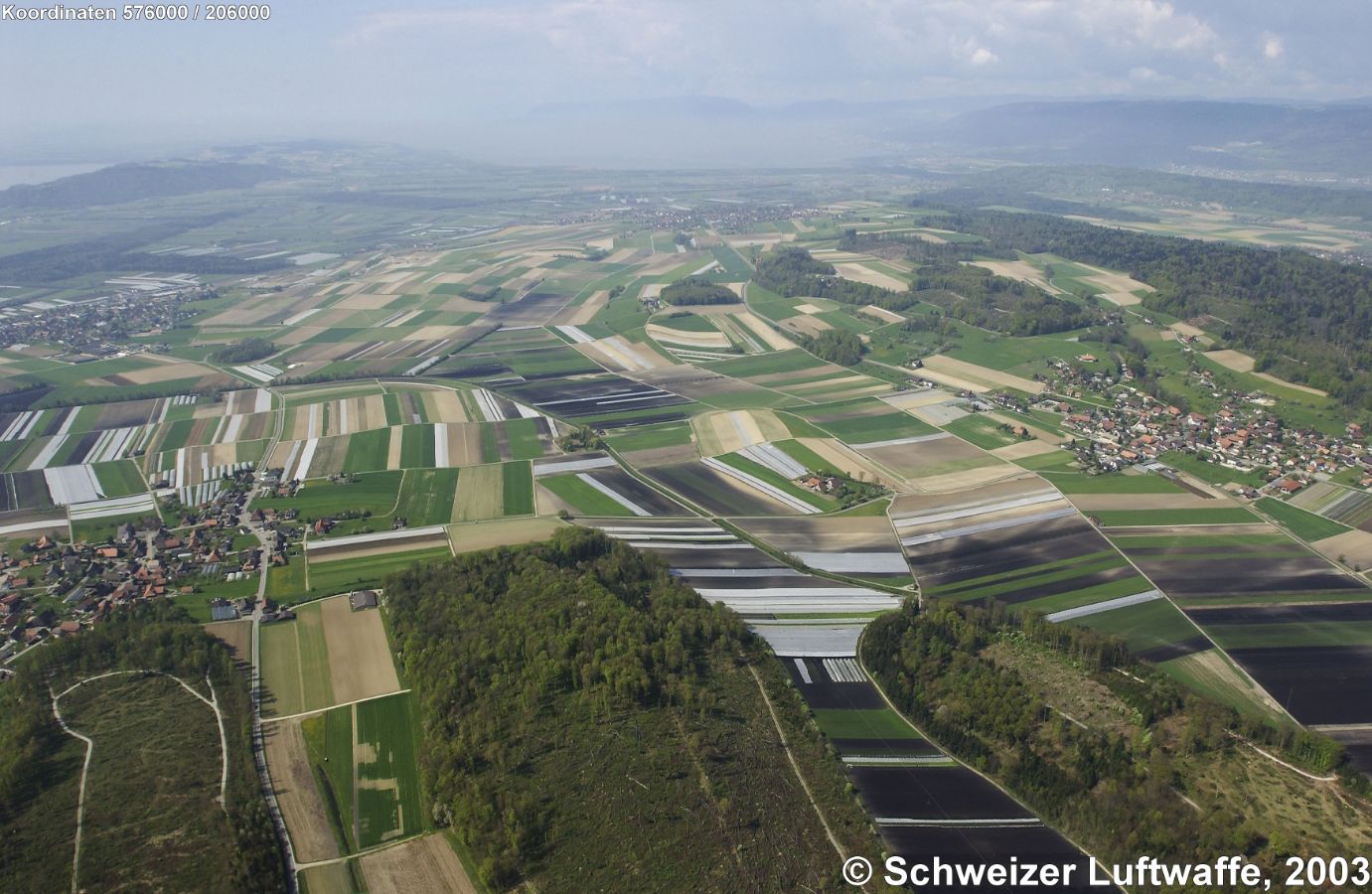 Grosses Moos im Berner Seeland (2003) Blickrichtung West Ortschaft links vorne: Treiten; links Mitte: Müntschemier; rechts: Brüttelen; ganz hinten: Bielersee